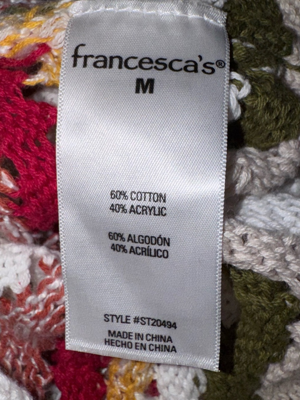 Crochet Tie-Front Cardigan in Cream with Olive, Pink & Gold Chevron - Picture 10 of 12